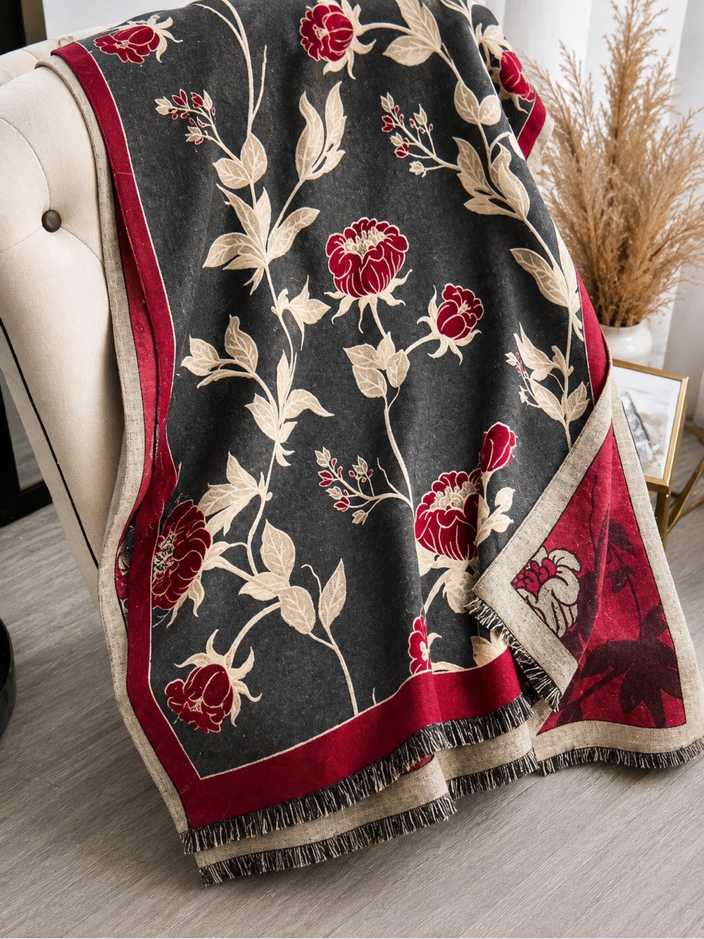Red and Gray Wild Rose Reversible Wrap